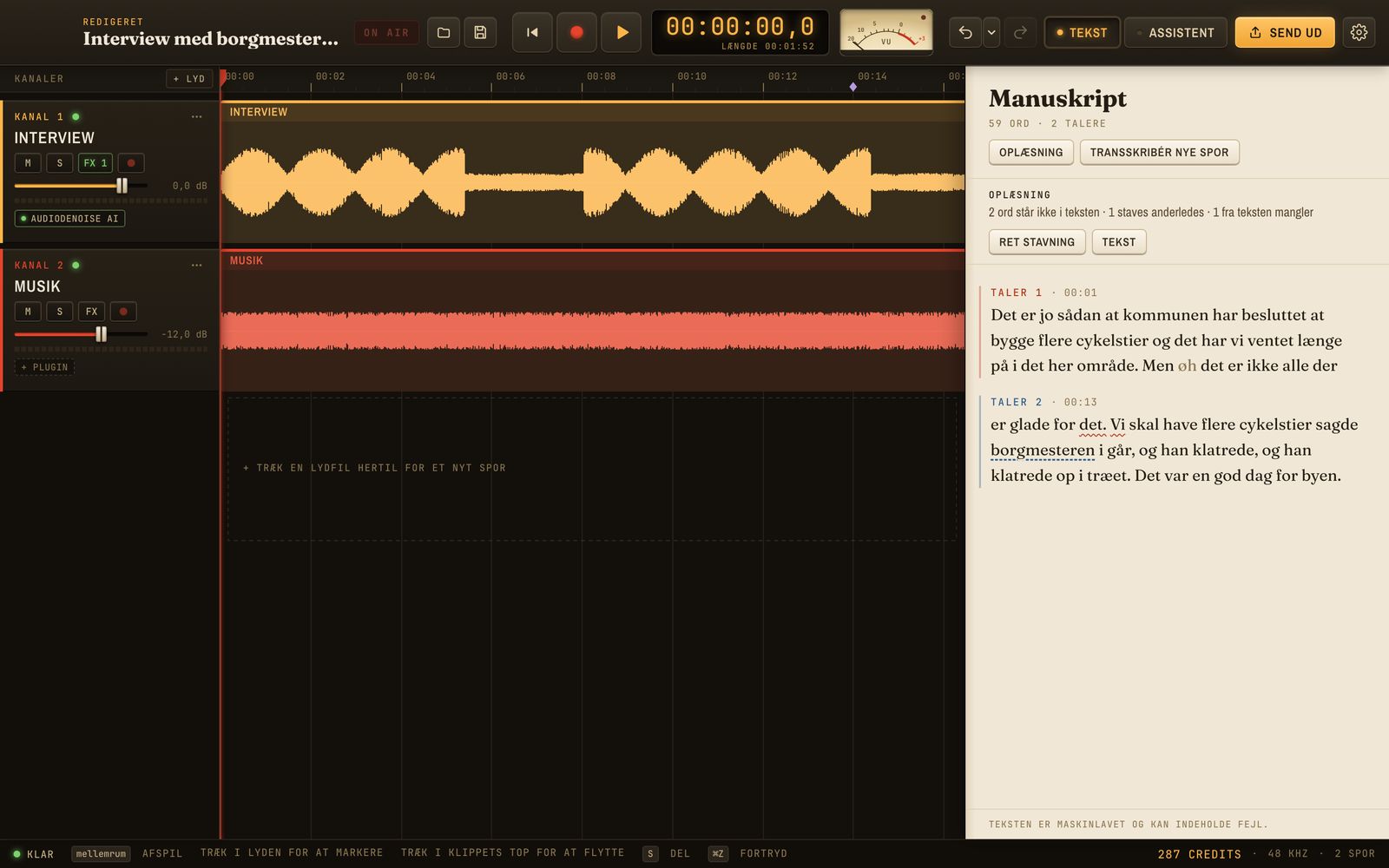 SayToEdit Audio with two tracks on the timeline and the assistant beside them